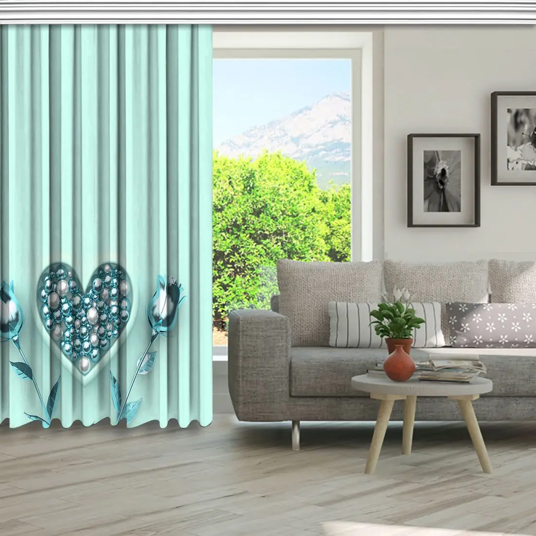 Heart and Flowers Rose Buds Metallic Decorating Ornaments Vintage Style Artwork Printed Blue Silver Curtain
