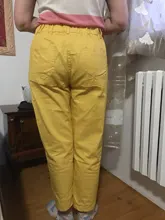 Pantalones harén de algodón para mujer, pantalón vaquero informal combinado con cintura elástica, de talla grande, amarillo y blanco, D321, novedad de verano
