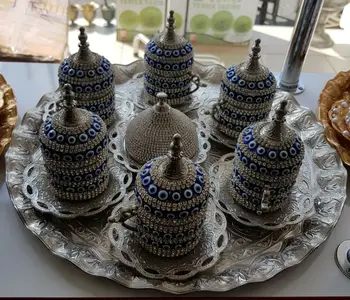 

Handmade authentic Design Turkish Greek Arabic Coffee Espresso Set for 6 Service, Cups Saucers Lids Tray Delight Candy Dish GIFT