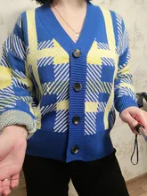 Sweaters Cardigans Checkered Plaid Colorfaith Korean Fashionable Women's Knitwears Buttons