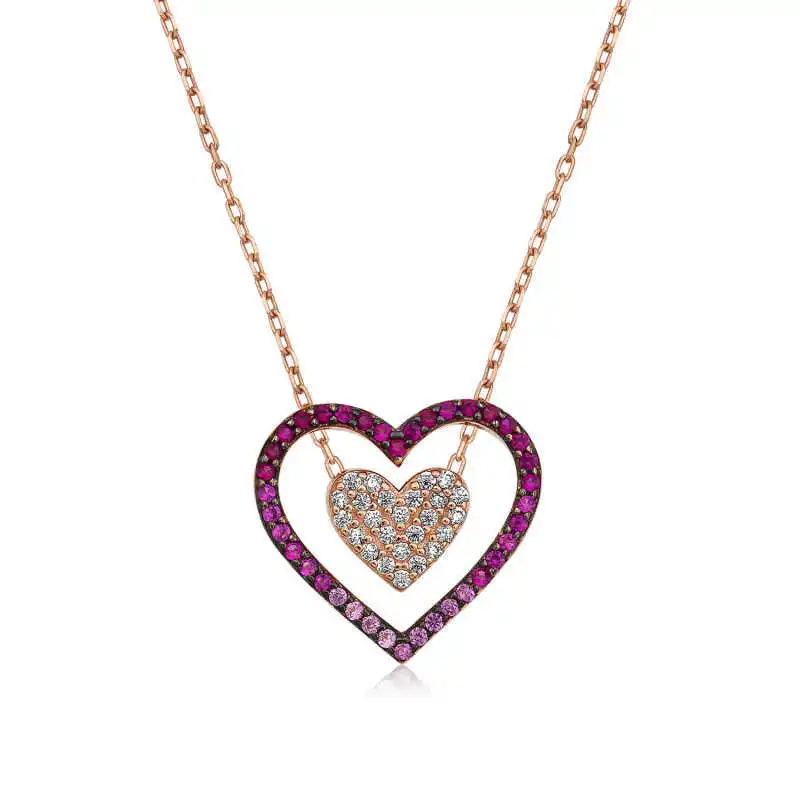 KUTAYDAN 925 Sterling Silver Two Heart Woman Necklace