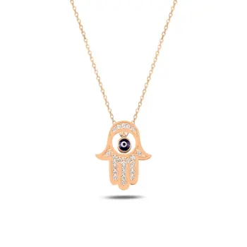 

Angemiel 925 Sterling Silver Eye & Zircon Crystal Fatma Master Hand Necklace-Rose Gold Plated