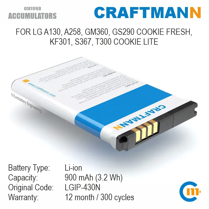 Аккумулятор Craftmann для LG A130/A258/GM360/GS290 COOKIE FRESH/KF301/S367/T300 LITE (LGIP-430N) | Мобильные телефоны