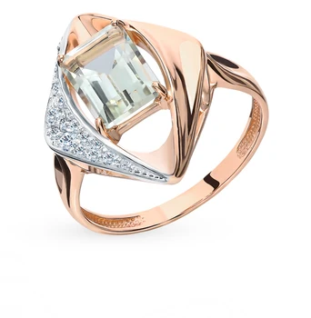 

Gold ring with amethyst, cubic zirconia and празиолитами sunlight sample 585