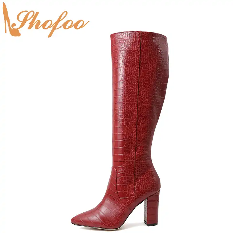 burgundy croc knee high boots