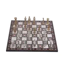 Medieval British Army Metal Chess Set for Adult,Handmade Pieces and Mother-of-Pearl Design Wood Chess Board King 9 cm