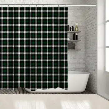 

Traditional Fabric Design Vintage Check Pattern Artwork Printed Green Gray White Shower Curtain