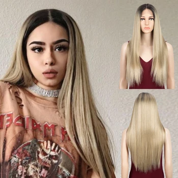 

Synthetic Lace Front Wigs For Women 28 inch Long Straight Black Blonde Hair Wigs Heat Resistant Fiber Cosplay Wigs Classic Plus