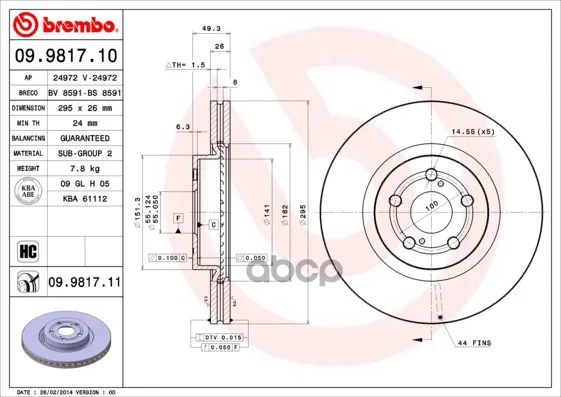 Диск Тормозной Передн Toyota: Avensis 03-, Avensis Седан 03-, Avensis Универсал 03- Brembo арт. 09.9817.10