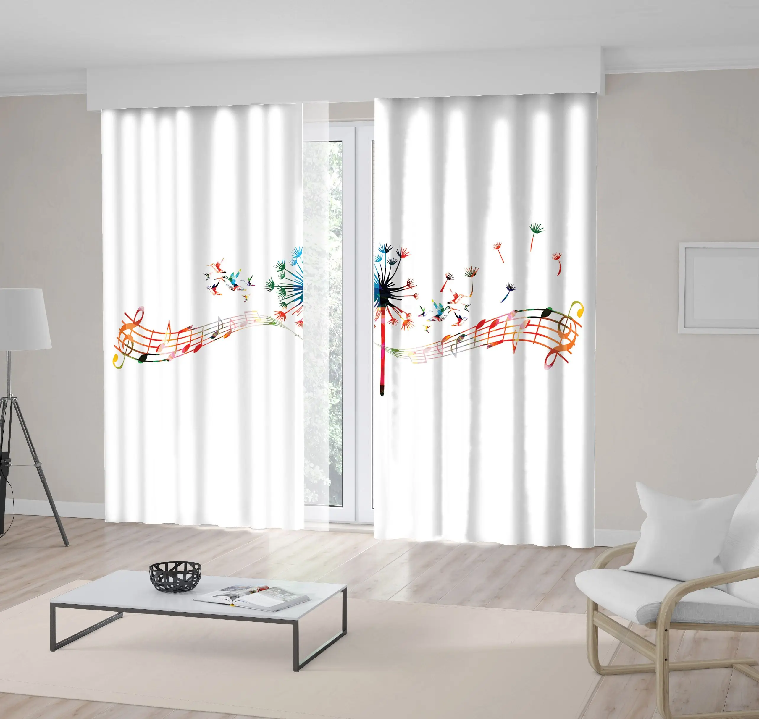 Занавес красочный Одуванчик с музыкальными нотами и Колибри Музыкальная природа