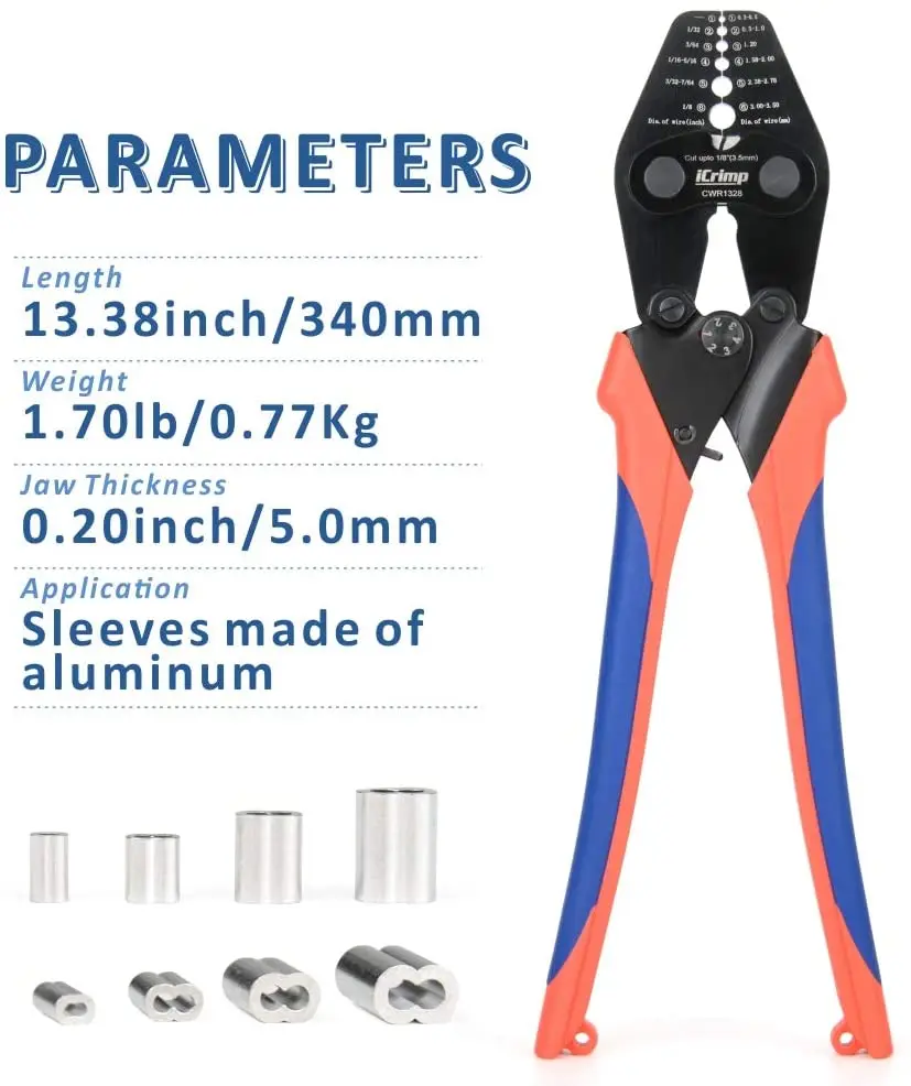 US $39.99 Iwiss Cwr1328 Wire Rope Crimping Tool With Cutting Function For Cable Railing Hand Swaging13218Inch Aluminum Oval Sleeves