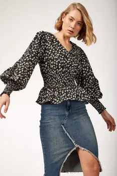 

Happiness ist. Women's Pattern Balloon Sleeve Poplin Blouse FN02177