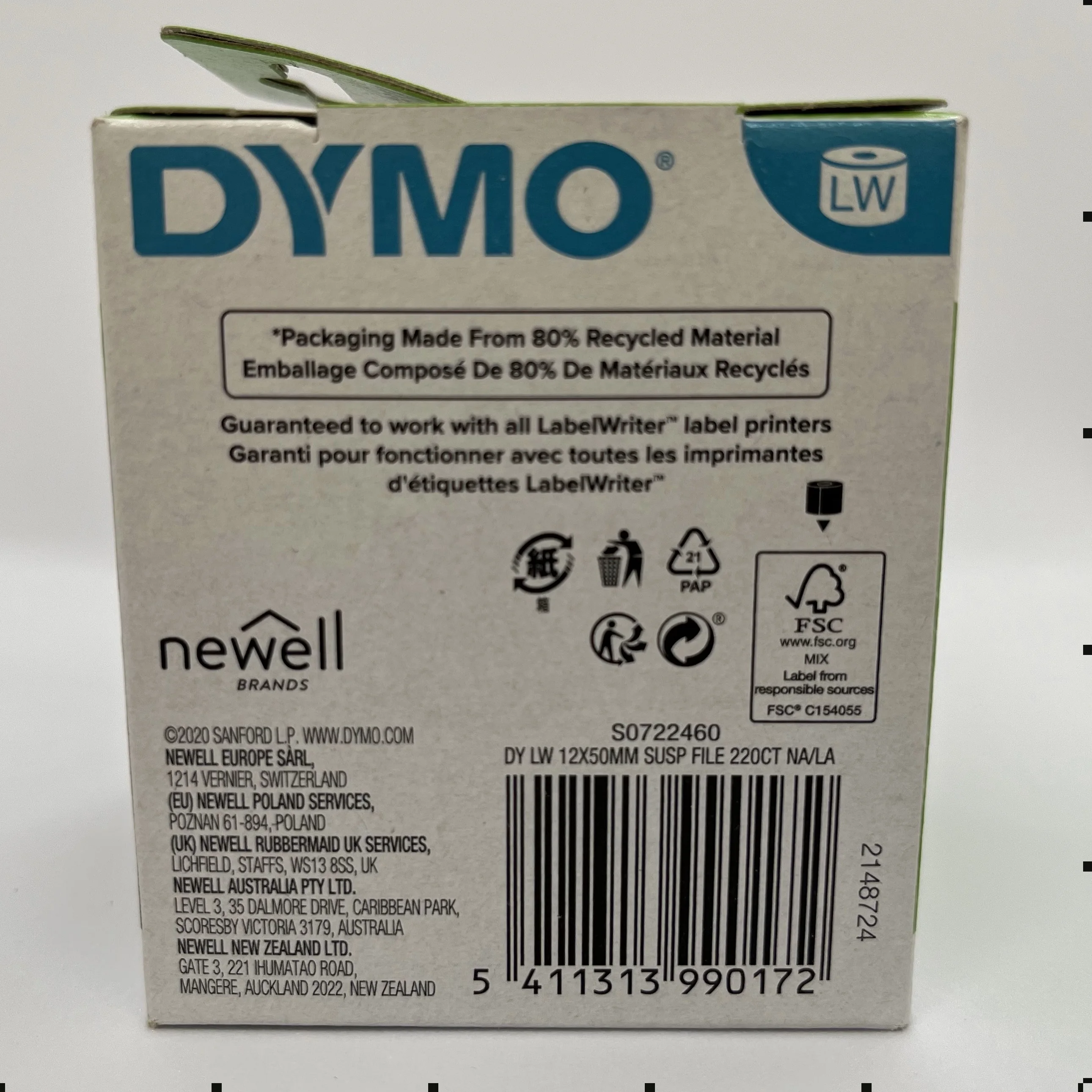 DYMO Rouleau de 220 étiquettes adhésif permanent pour dossier suspendus 50  x 12 mm - 99017