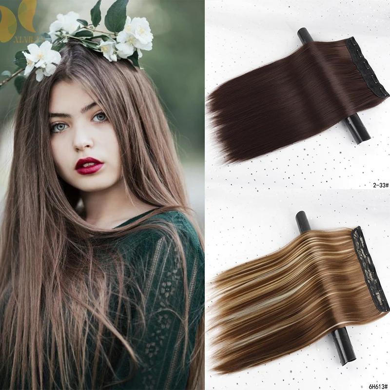 XINRAN Synthetic Hair Extension 5Clips-In One Piece 24&quot60cm Natural Black Brown Color Long False Hairpiece For Women | Шиньоны и