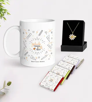 

Personalized Teachers Present-Day Happy White Mug Chocolate and Is Daisy Necklace Gift Seti-1