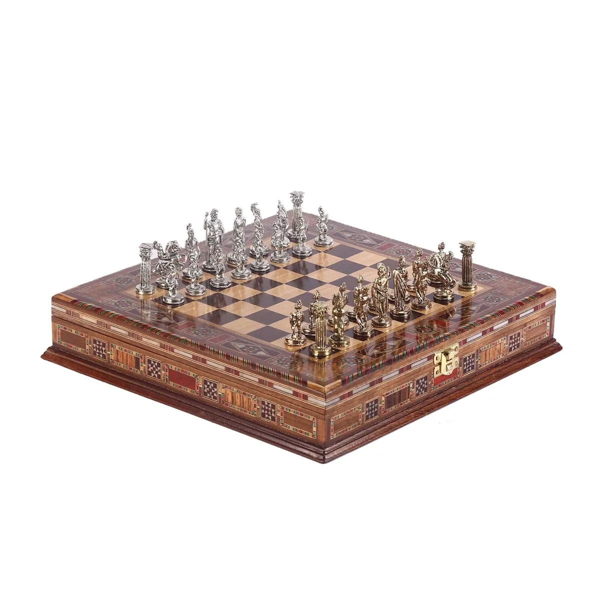 US $134.90 Historical Figures of Rome Metal Chess Set Handmade Pieces Natural Solid Wooden Chessboard storage Inside Small Size King 48cm