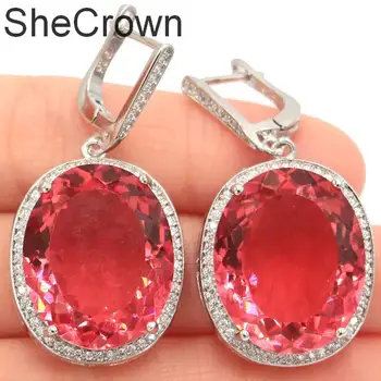 

40x20mm Hot Sell Created Pink Morganite Natural CZ Engagement Ladies Silver Earrings