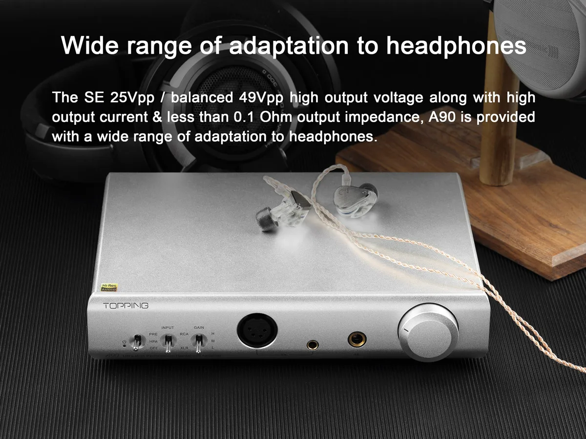 IEM on top of Silver TOPPING A90 Headphone Amplifier