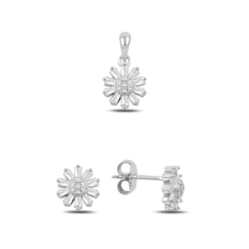

Silver 925 Sterling Zircon Cubic Zirconia Flower Earrings & Pendant Set