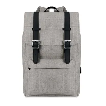 

Laptop Backpack 600D polyester two tone strap padded. 15 inch Laptop USB charging cord.