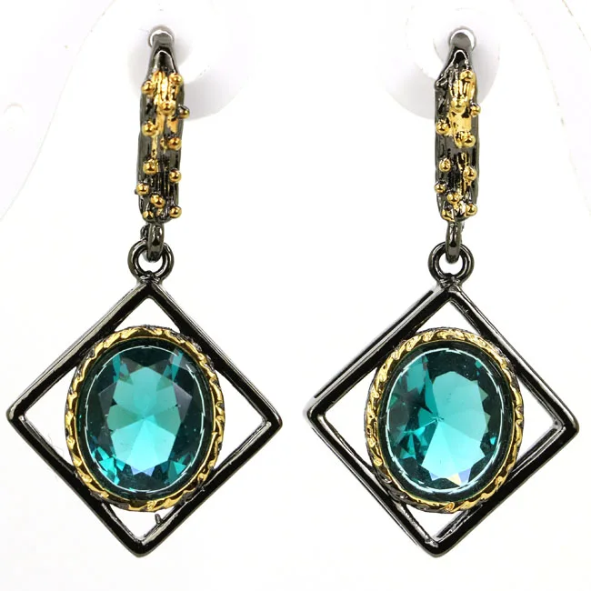 

38x26mm Sublime Antique SheCrown Created Pink Kunzite Aquamarine Gift For Sister Black Gold Silver Earrings