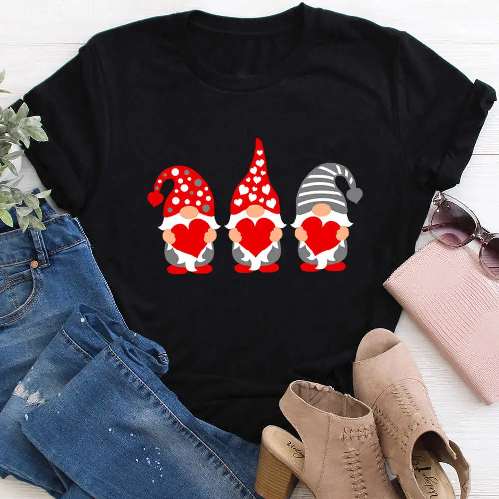 

Valentine's Day Colored Printed 100%Cotton Women's T Shirt Gnome Heart Spring O-Neck Pullovers Short Sleeve Tops Holiday Tee