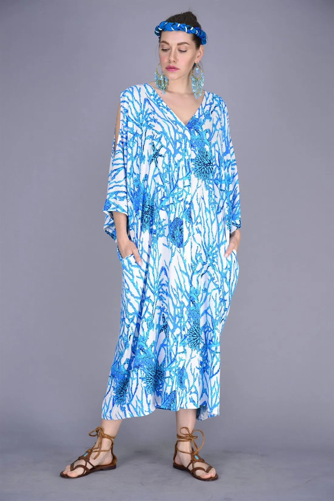 

Shoulder Detailed Coral Patterned Blue Color Veined Summer Dress For Women 2022 New Fashion