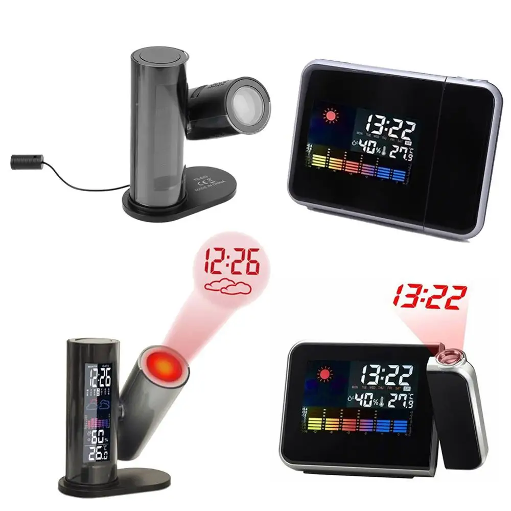 Lcd Digitale Projectie Klok Temperatuur Vochtigheid Klok Projector Kleurrijke Led Backlight Wekker Weer Kalender Home Decor
