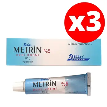 

Metrin Skin Cream Permethrin 5% 30 GR - Treatment of Parasites Caused by Scabies and Pubis Lice, Over Itching (3 Pack)