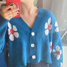 Estilo Preppy de punto con flores Cardigans suéter mujeres cuello en V suelto elegaht Thicked Pull Femme imprimir abrigo corto Casual