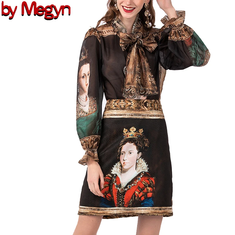 

2020 women fashion runway dress spring summer women set queen prainting vinage shirt mini skirt matching fashion set