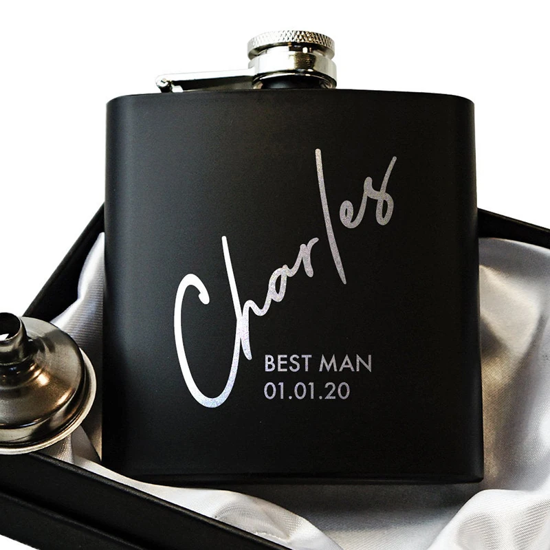 Personalized 6OZ Pocket Portable Stainless Steel Hip Flask Whiskey Metal Alcohol Bottle Groomsmen Gift Matte Black
