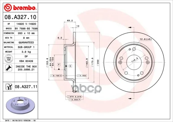 Диск Тормозной Задн, Honda: Accord Vii Aerodeck 03-, Accord Viii 03-, Accord Viii Tourer 03- Brembo арт. 08.A327.11