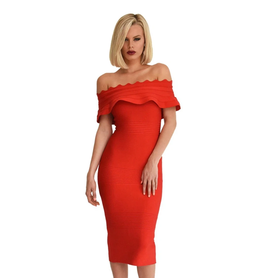 

LEGER BABE Sexy Red Off Shoulder Women Bandage Dress Elegant Ruffles Slash Neck Backless Female Party Dress Bodycon Vestidos