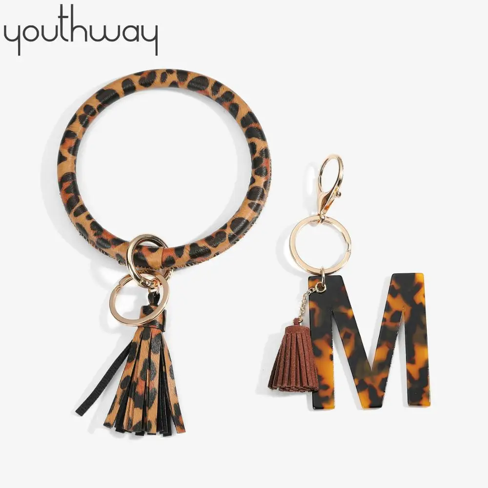 2 pcs Keychain Bracelet Acetate Alphabet Pendant Keyring Bracelet PU