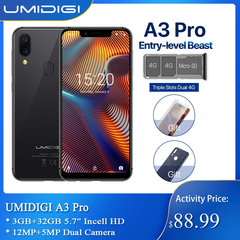 UMIDIGI A3 Pro 3 Гб оперативной памяти, Оперативная память 32GB Встроенная память глобальная лента Android 9,0 5," 19:9 полноэкранный смартфон Quad core 12MP+ 5MP с распознаванием лица Dual core 4G