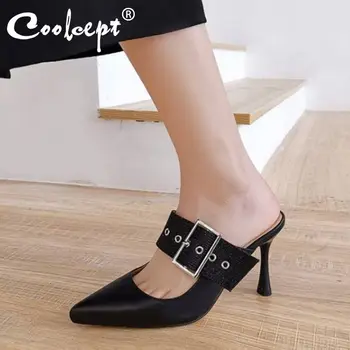 

Toffen Pointed Toe Genuine Leather Shoes Thin High Heel Women Sandals Buckle Summer Shoes Daily Banquet Lady Footwear Size 33-40