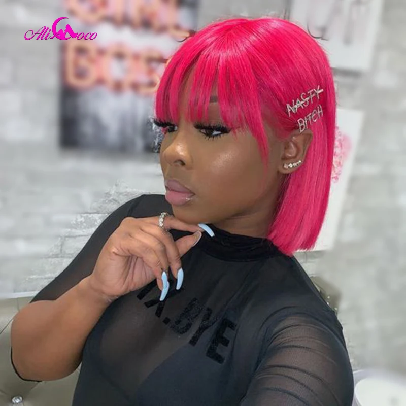 

Прямые парики Ali Coco розового, розового, зеленого цветов, 13x4, на сетке спереди, короткие, Боб, бразильские Прямые искусственные волосы с челкой