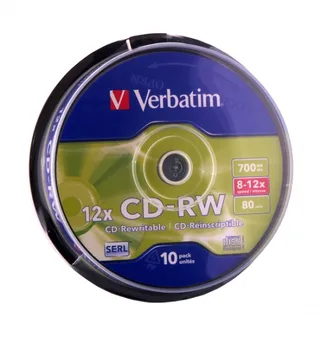 

Discs CD-RW verbatim 700 MB, 80 min, 8-10X, 10 PCs, Cake Box, DL +, (43480)
