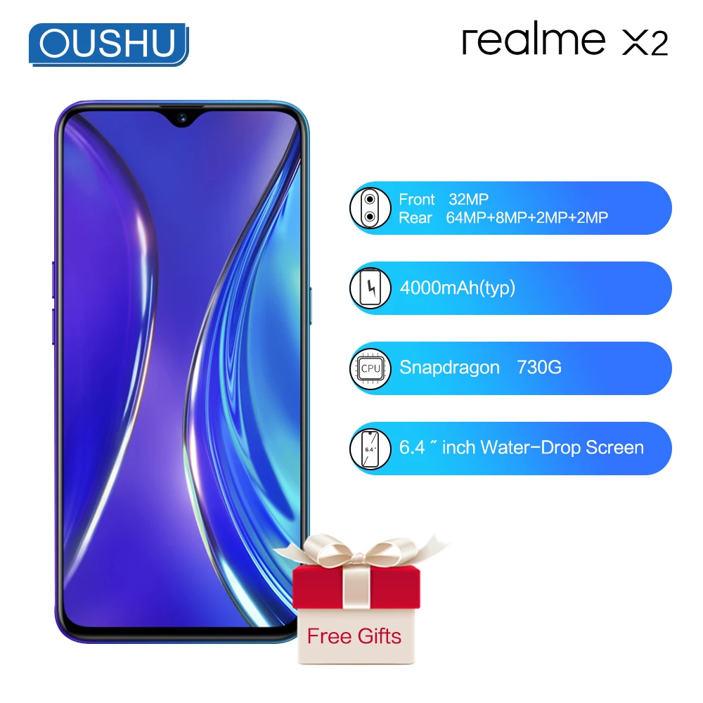 Смартфон OPPO Realme X2 6 4 дюйма экран капли воды Snapdragon 730g NFC 4000 мАч большой аккумулятор