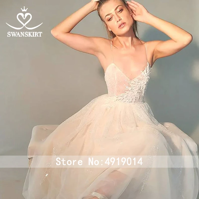 Бохо Тюль свадебное платье Swanskirt A216 простое милое А-силуэт на шнуровке Без Рукавов со шлейфом Vestido De Noiva свадебное платье