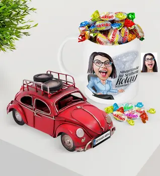 

Personalized Women 'S Easy Grow Caricature Of Platter Nostalgic Red Metal beetle And Mug Haribo Candy Seti-2