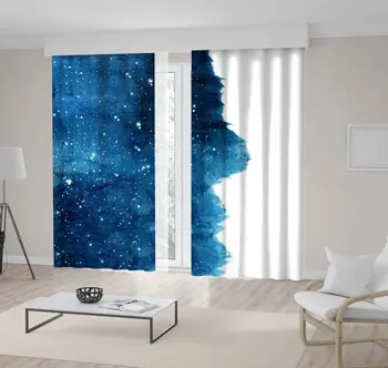 

Curtain Night Sky with Glowing Stars Cosmic Theme Contemporary Decorative Watercolor Artwork Blue White