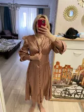 A-Line Dress V-Neck Spring Bishop-Sleeve Satin Simplee Chic Elegant Vintage High-Waist