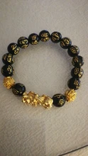 Feng Shui-pulsera de cuentas de piedra obsidiana Unisex, brazalete de oro negro, Pixiu, riqueza, buena suerte