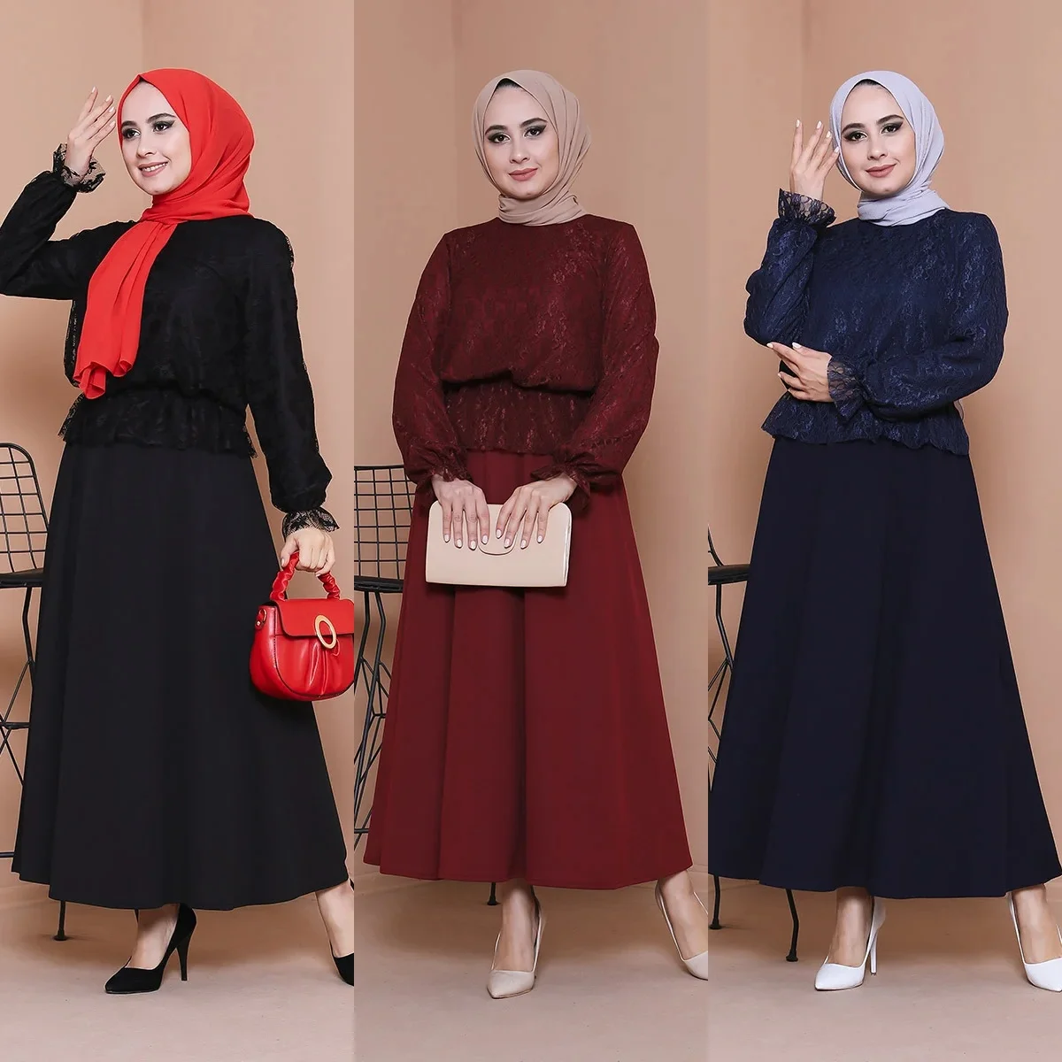 2 uds mujeres conjuntos faldas largas y Tops de encaje de túnica Moda musulmana Ramadán traje doble vestidos Hijab Turquía Abayas islámico ropa
