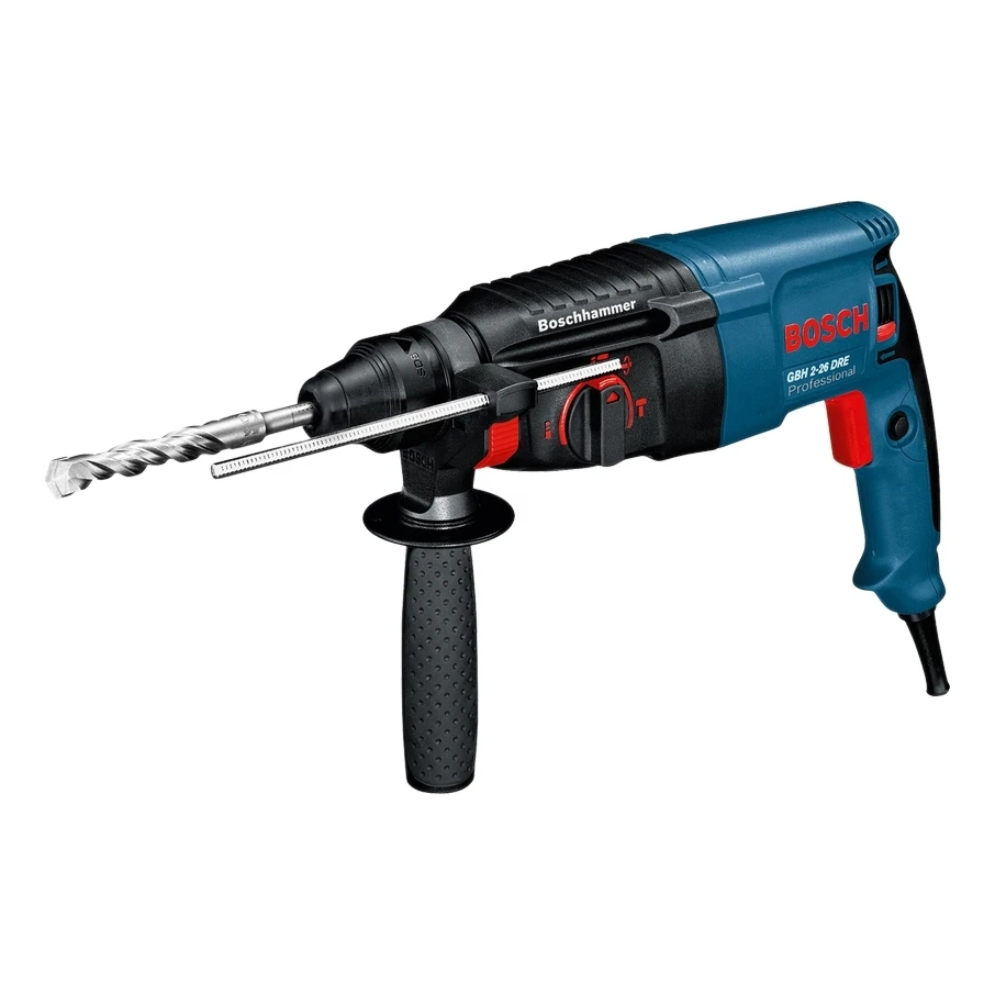Перфоратор электрический Bosch GBH 2-26DRE (Мощность 800 Вт, сила удара 2,7 Дж, Патрон SDS+,900 об/мин, 4000 уд/мин, максимальный диаметр сверления по дереву 30 мм, металлу 13 мм, бетону 26 мм, коронкой 68 мм, 3 режима работы)