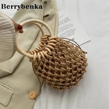 

Berrybenka Ring handle grid Design Totes For Women 2020 Handbags and Purses Summer Travel Mini Hand Bag Fashion Weave Tote Bag