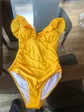 One-Piece Swimsuit Beachwear Women Monokini Ruffled SEASELFIE Yellow Sexy V-Neck Solid