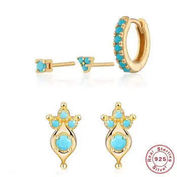 

ROMAD 100% Real 925 Sterling Silver Natural Turquoise Trinity Combination Earrings Hoops Zircon High-End Stud Earrings Jewelry